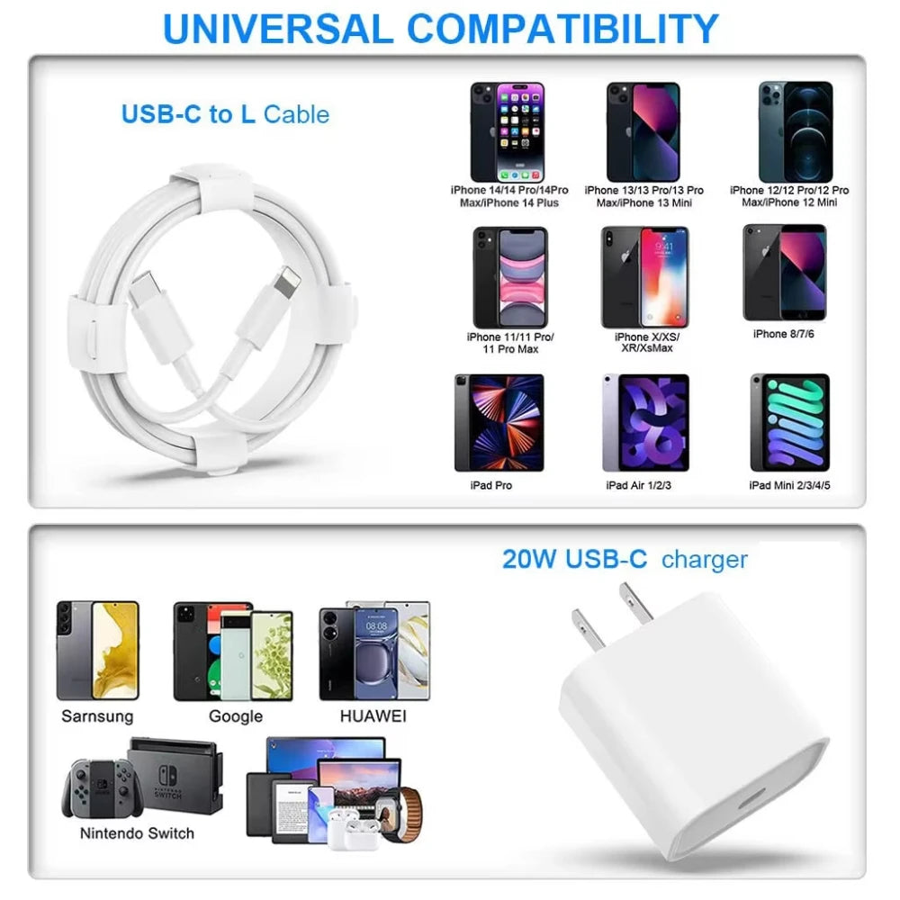 NNBILI PD 20W Fast Charger For iPhone 11 12 13 14 Pro Max XR X XS Max 8 Plus Phone Charger 3.3ft Cable Fast Charging Accessories