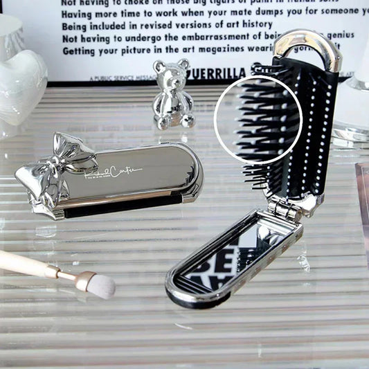 Bow Mini Hair Brush Folding Massage Combs Head Massage Anti-Static Hair Brush Girl Hair Combs with Mirror Portable Traveling New